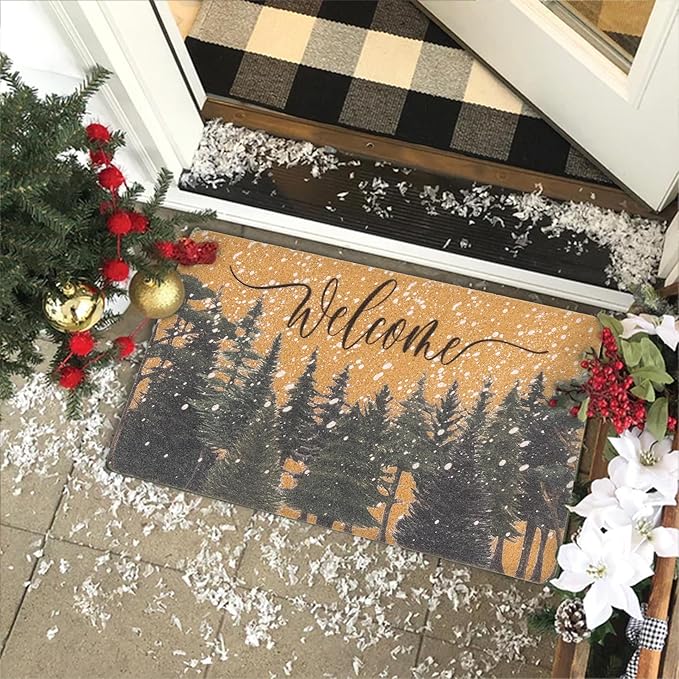 Winter Chirstmas Welcome-Doormat Outdoor-Entrance Pine-Trees Front-Door-Mat, Faux-Coir Seasonal Entryway-Rug Non-Slip Dirt-Trapping Indoor-Outside Porch Mat 17"x30" for Home Decor