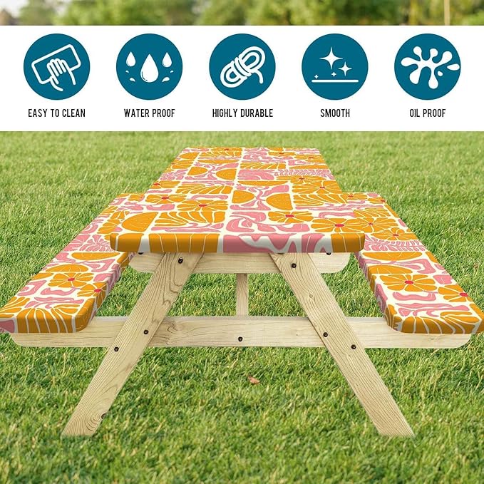 Picnic Table Covers with Bench Covers Boho Patchwork Orange Pink Flower Pattern Camping Tablecloth Fitted Picnic Table Cover with Elastic Windproof Waterproof, Camping Accessories Outdoor, 72In 3PCS