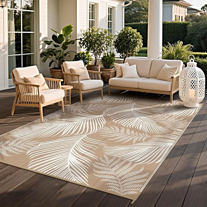 Pauwer Waterproof Outdoor Rug 6x9, Reversible Plastic Straw Patio Camping Rug, Indoor Outdoor RV Mat Carpet for Deck, Camper, Porch, Balcony, Backyard, Picnic, Leaf Brown