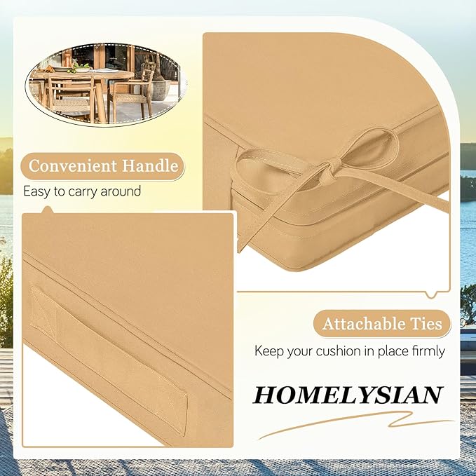 Waterproof Outdoor Chair Cushions Set of 2, Square Outdoor Seat Cushions with Ties and Removable Covers, 19 x 19 Outdoor Cushions for Patio Furniture with Portable Handle(Khaki)