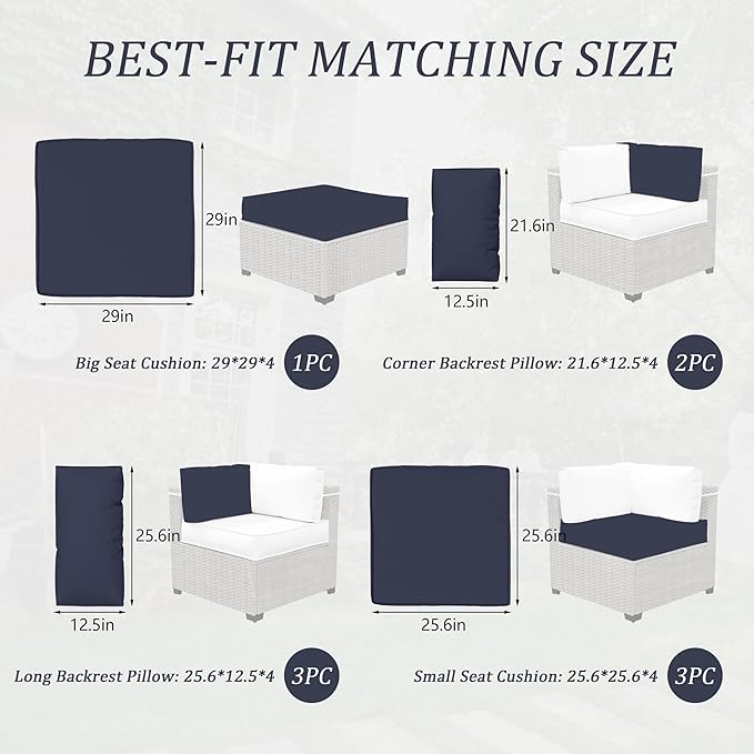 Outdoor Cushions for Patio Furniture with 5 Pillows, Waterproof Patio Furniture Cushions Replacement, 4" Deep Seat Outdoor Sectional Cushions for 4-seat Patio Furniture Chair Sofa Couch,Navy Blue