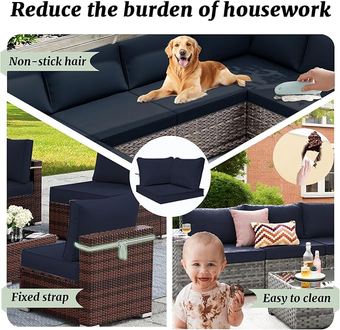 Outdoor Sectional Cushions Replacement Set, 26x26in Patio Furniture Cushions, 14 Pieces Waterproof Outdoor Couch Cushion for 6 Seat Wicker Conversation (Navy Blue)