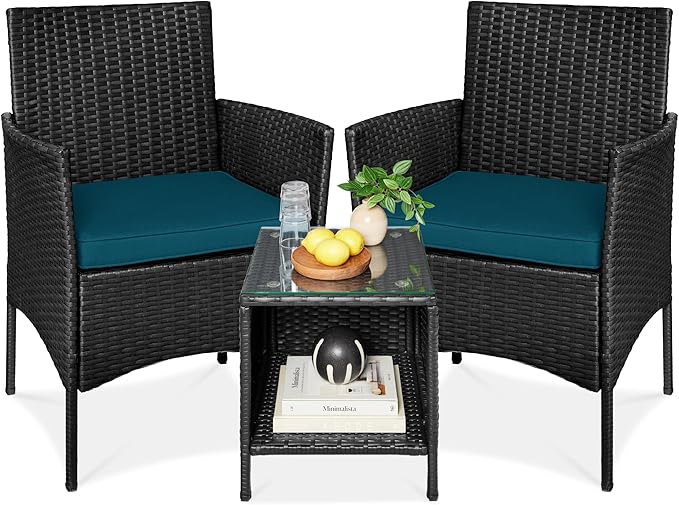 Best Choice Products 3-Piece Outdoor Wicker Conversation Bistro Set, Space Saving Patio Furniture for Garden w/Side Table - Black/Peacock
