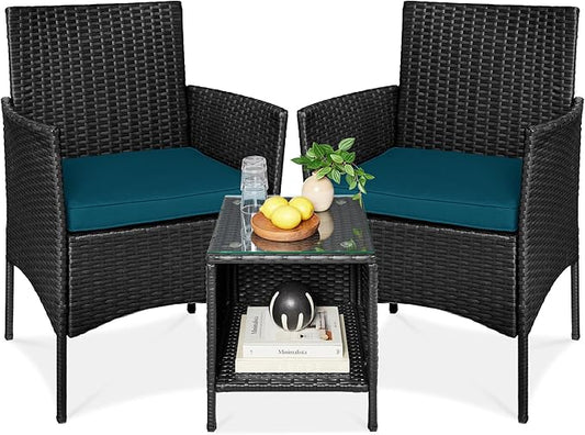 Best Choice Products 3-Piece Outdoor Wicker Conversation Bistro Set, Space Saving Patio Furniture for Garden w/Side Table - Black/Peacock