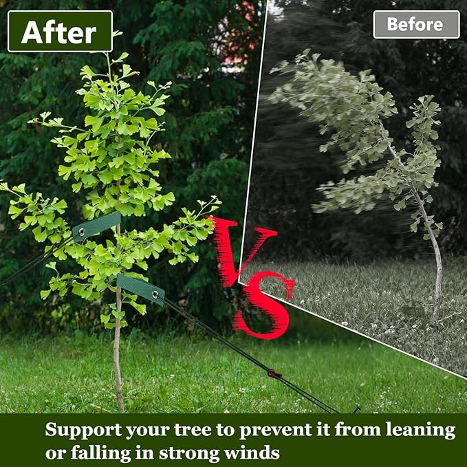 Tree Stakes and Supports, Heavy Duty Spiral Tree Stakes Kit Include 3Pcs Tree Straps for Staking, 3Pcs 16" Steel Spikes, and 39Ft Rope, Tree Supports for Young Tree Anti Strong Wind, Bad Weather
