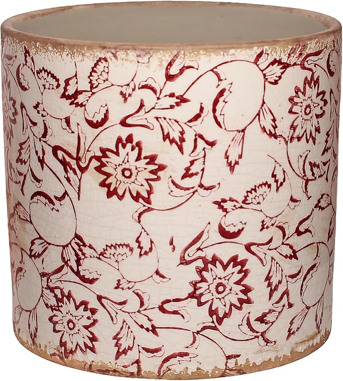 Decorative Planter Cachepot for Indoor Plants & Artificial Flowers, 6.8 Inch Distressed Pottery Vintage Rustic Ceramic Flower Pots, French Country Bookshelf Tabletop Home Decor, Gift (Burgundy)