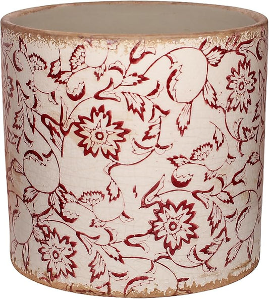 Decorative Planter Cachepot for Indoor Plants & Artificial Flowers, 6.8 Inch Distressed Pottery Vintage Rustic Ceramic Flower Pots, French Country Bookshelf Tabletop Home Decor, Gift (Burgundy)