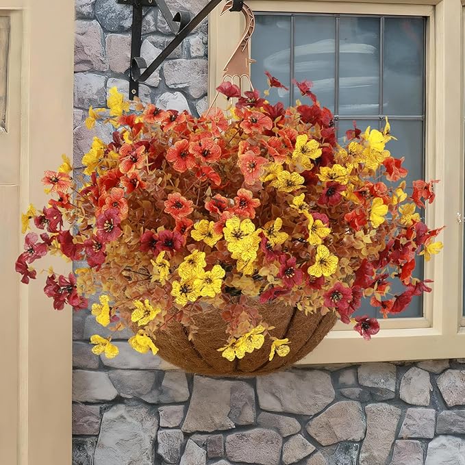 Artificial Mums Fall Fake Flowers for Outdoors Decoration, 12 Bundles Artificial Fall Flowers Faux Mums Realistic UV Resistant for Outdoors Planter Porch Patio Window Box, Sunset