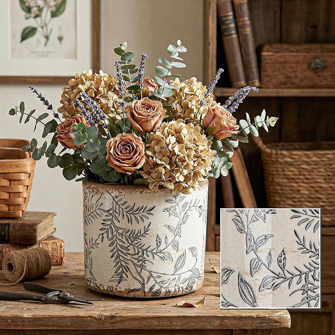 Indoor Ceramic Plant Pots with Drainage Hole 5 Inch Chinese Glaze Ice Crack Flower Pot Vintage Succulent Pots Porcelain Decorative Planter for Plants Herb Home Decor(Grey,Retro Style)