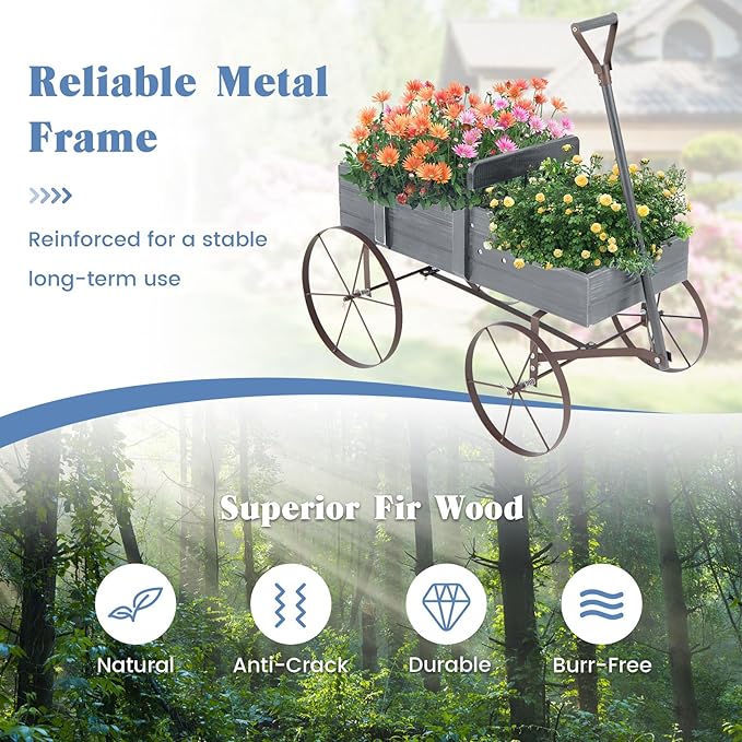 Wooden Wagon Planter with Wheels, Indoor/Outdoor Flower Cart w/Dual-Compartment & Adjustable Handle, Decorative Garden Planter for Home, Yard, Wedding (Grey)