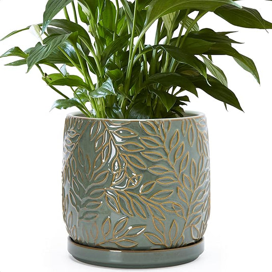 D'vine Dev 8 Inch Embossed Leaves Stoneware Planter Pot with Drainage Hole and Saucer, Olive, 27-A-Q-0