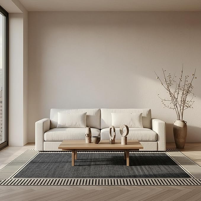 Nuloom Asha Dark Grey/Ivory, 4' x 6', Casual, Striped Border, Soft and Cozy, High Traffic, Stain Resistant, Easy Clean, Durable Area Rug for Indoor/Outdoor Patio, Deck, Porch, Garden, Courtyard