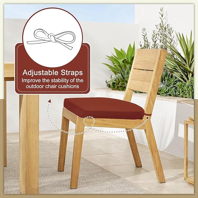 Cozyide Outdoor Chair Cushions, Waterproof Patio Seat Cushions with Adjustable Straps, Round Corner Patio Chair Cushions for Garden, Brick Red, 17x16x2 Inch (Pack of 2)