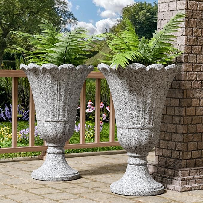 23.6" Tall Plastic Urn Planters for Outdoor Plants, Set of 2 Heavy-Duty Classic Indoor Large Flower Pots with Drainage Holes & Petal Design, Outdoor Planters for Porch, Home Garden, Grey