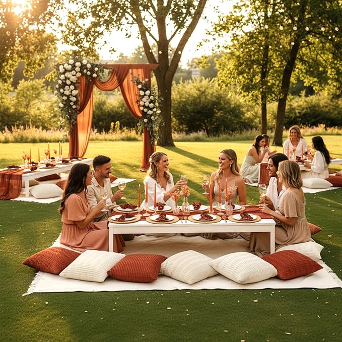 91 x 71 Extra Large Outdoor Boho Picnic Blanket with Terracotta Table Runner, 6 Throw Pillow Covers 6 Napkins Woven Cotton Yarn Oversize Beach Blanket Washable Picnic Camp Wedding