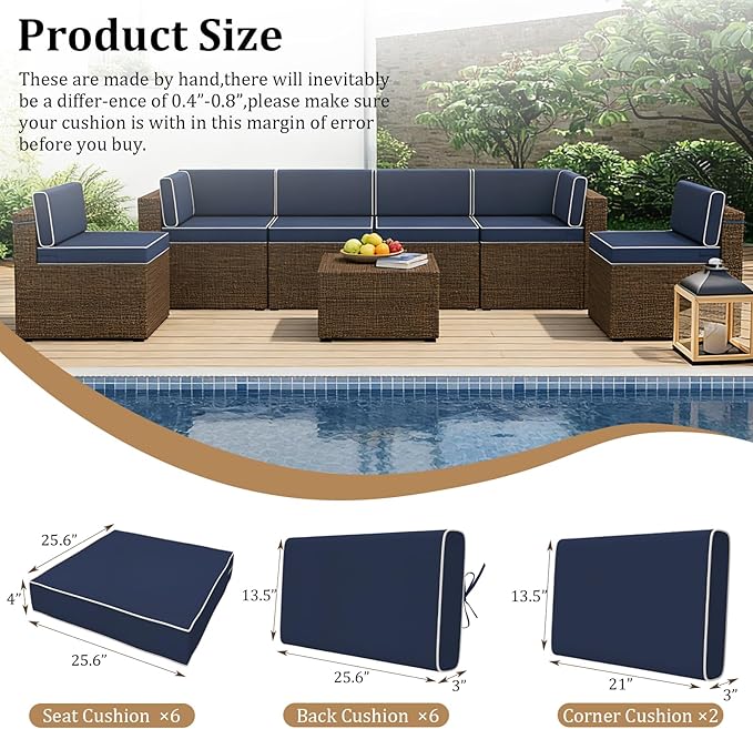 14 Pcs Outdoor Replacement Cushions for Patio Furniture, All Weather Water Resistant Cushion for 6 Seat Rattan Wicker Sectional Patio Conversation Sets and Couch Navy Blue(White Piping)