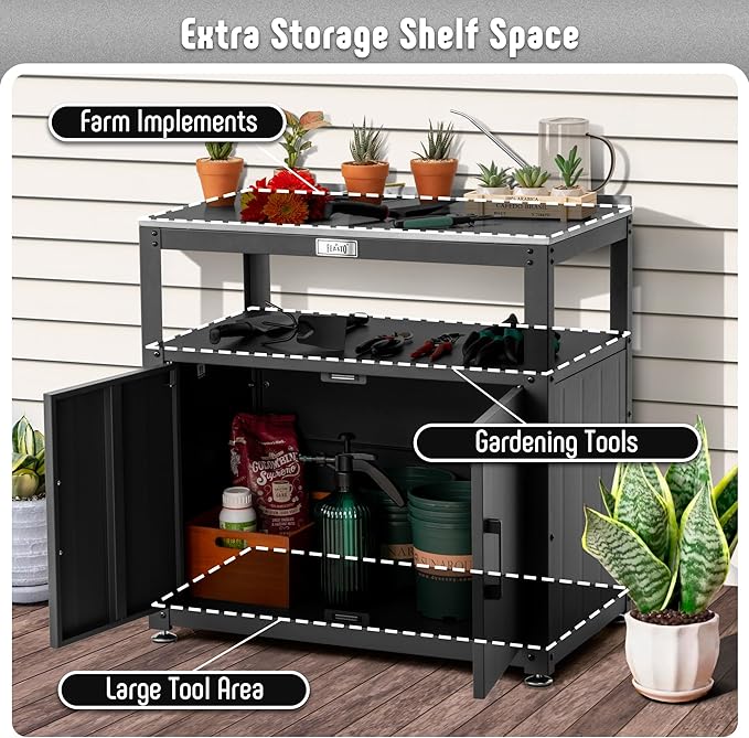 Garden Potting Bench with Storage, Outdoor Potting Table & Garden Work Bench for Plants, Horticulture, Outdoor Potting Station with Stainless Steel Tabletop, Outdoor Work Table