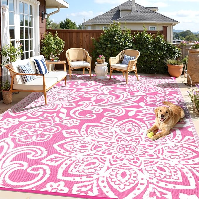 Findosom Waterproof Outdoor Rug 8' x 10' - Reversible Mandala Outdoor Plastic Straw Rug, Durable Foldable Patio Rug for RV, Deck, Balcony, Backyard, Picnic, Porch, Camping, Beach, Pink