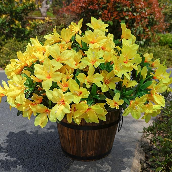 INSPRING Artificial Azalea Flowers Fake Plants for Outdoors Spring Summer Decoration, 3 Bundles UV Resistant Faux Silk Outside Flowers Look Real for Outdoor Planter Front Door Patio Garden, Yellow