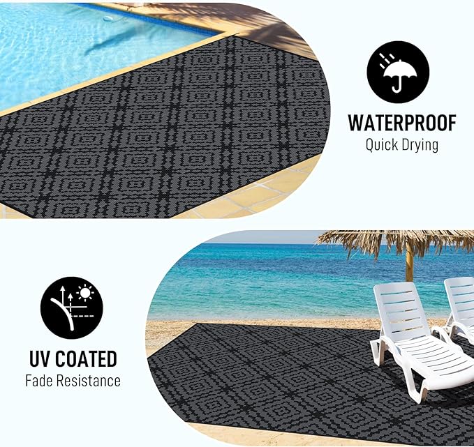 Outdoor Camping Rug Waterproof 5x8FT, Reversible Stain & UV Resistant Plastic Straw RV Rug for Outside Patio Porch Pool Deck Beach Indoor, Area Carpet Mat with Portable Bag&4 Stakes-Black Grey Rhombus