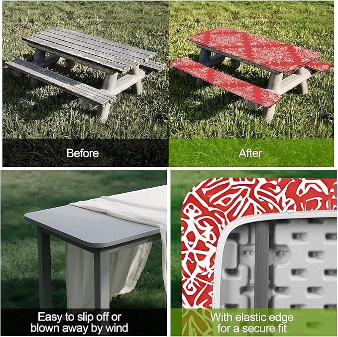 Picnic Table Cover with Bench Covers Set of 3 - Red Ethnic Symmetrical Bohemian Medallion Pattern, Elastic Fitted Tablecloth for 6 Ft Tables, Washable Polyester Cover for Patio, Indoor & Outdoor