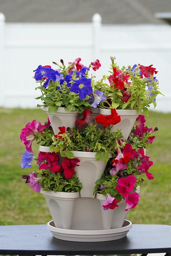Mr. Stacky 3 Tier Stackable Herb Garden Planter Set with Bottom Saucer - Stone Color - Vertical Container Pots for Herbs, Strawberries, Flowers