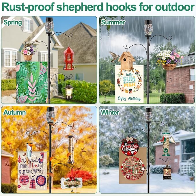 Camii Solar Shepherds Hooks for Outdoors, 80" Bird Feeder Pole with Light, Flag Holder, 5 Prongs Base, Garden Flag Holder for Hook Bird Feeder, Plant Baskets, Lantern