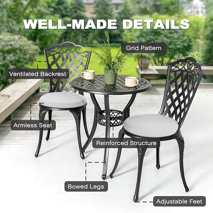 NUU GARDEN Patio Bistro Set 3 Piece, Outdoor Cast Aluminum Bistro Table and Chair Set of 2, Outdoor Patio Bistro Set with Gray Cushions and Umbrella Hole for Balcony, Garden, Lawn, Black