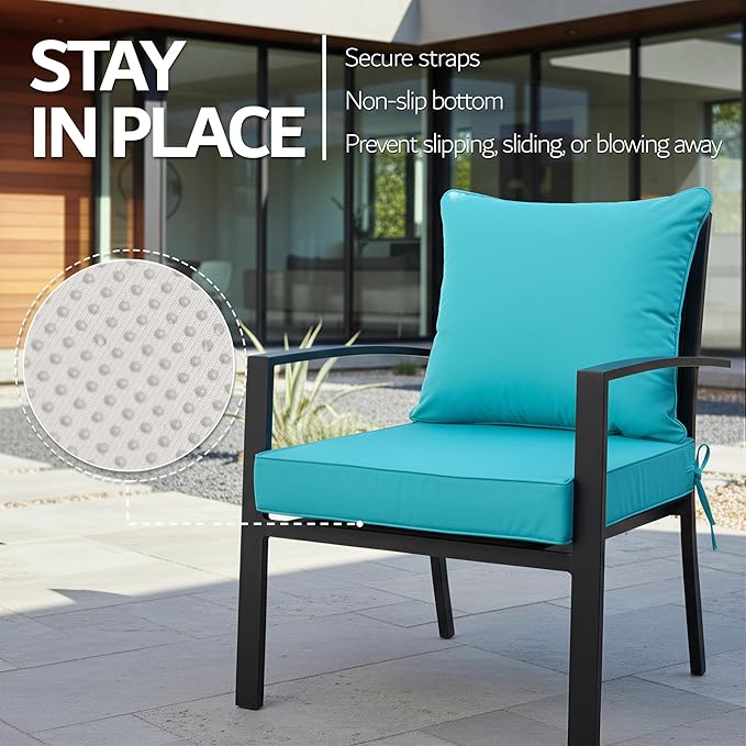 24x24 Inch Outdoor Chair Cushions Set of 2, Patio Furniture Cushions - Removable Cover, Water-Repellent, Fade-Resistant, Non-Slip Bottom & Straps, Replacement for Deep Seat Sofa & Couch - Teal