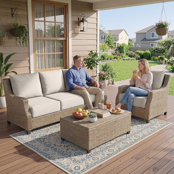 Belord Luxury 6" Thick Outdoor Cushion 7 Set - 24 x24 Inch 28D Sponge Filling Fade-Resistant Chair Cushion, Spill Proof Removable Patio Furniture Replacement Cushion for Sofa Bench Swing - Beige
