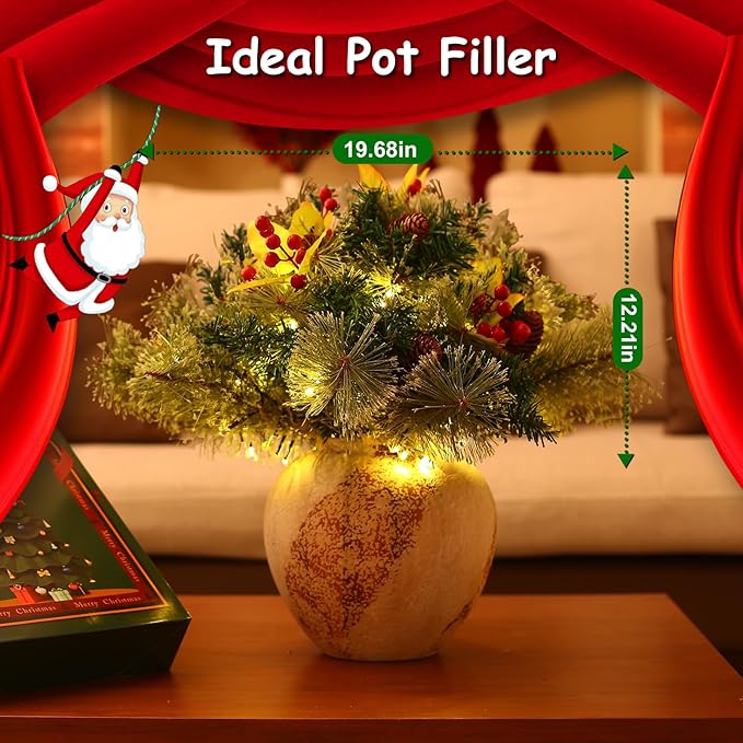 JOYHALO 2 Pack Set 18 Inch Christmas Urn Filler with 60 Warm White Lights, Battery Box with Timer, Xmas Pot Fillers with Branches Berries Pinecones, Outdoor Xmas Trees for Porch Pathway Yard Decor