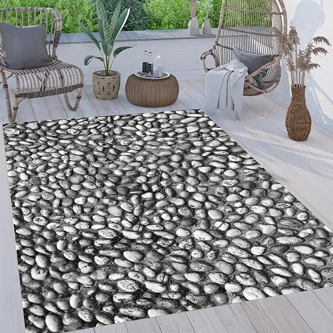 Old Distressed Grey Pebble Pattern Outdoor Carpets for Courtyard Balcony Garden Terrace Imitation Stones Splicing Low Pile Mat Modern Natural Thin Reversible Waterproof Home Decorative Rugs 2x6