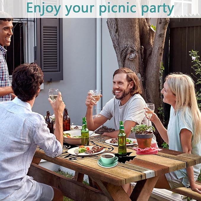 3PCS Picnic Table Cover with Bench Cover Brown Wooden Camping Tablecloth Fitted Picnic Picnic Table Cover with Elastic Windproof Waterproof, Outdoor & Garden Camping Accessories 72IN