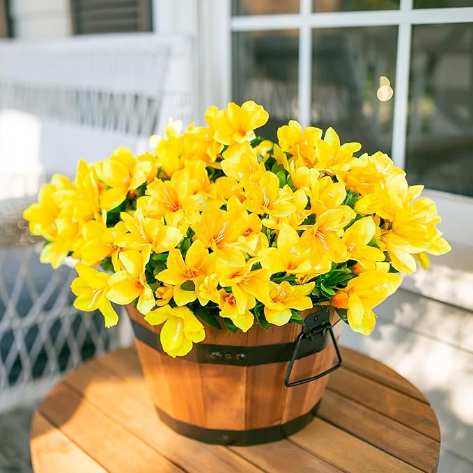 INSPRING Artificial Azalea Flowers Fake Plants for Outdoors Spring Summer Decoration, 3 Bundles UV Resistant Faux Silk Outside Flowers Look Real for Outdoor Planter Front Door Patio Garden, Yellow