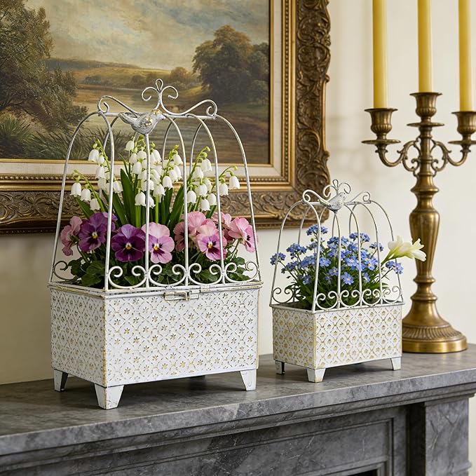 2-Piece Vintage White Metal Birdcage Planter Set, Decorative Flower Pots with Ornate Design for Indoor Outdoor Garden Decor, Distressed Planters (White)