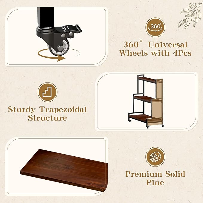 Flower Cart Display Stand with Wheels - Solid Wooden Plant Stand Shelf Outdoor - 3 Tier Patio Rolling Flower Stand - Ladder Folwer Holder Stand 37''x31'' for Florist, Garden, Wedding, Living Room, Walnut