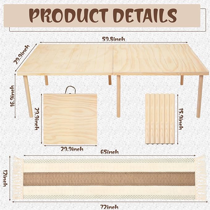 Novabright 9 Pcs Picnic Set Folding Table 30'' x 60'' Extra Large Outdoor Boho Picnic Blanket 91'' x 71'' Beige White Table Runner 6 Throw Pillow Cover Oversize Beach Blanket Washable for Camp Wedding