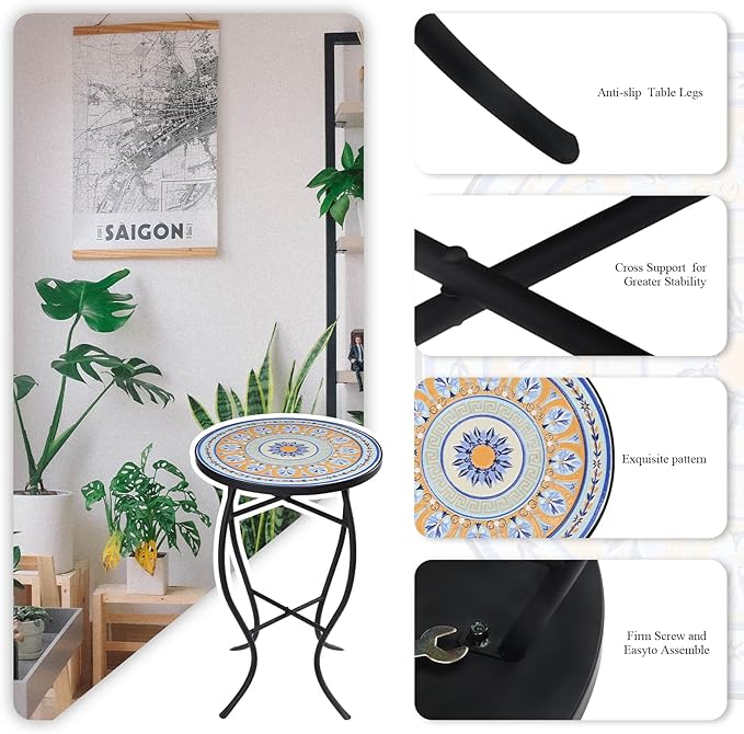 VCUTEKA Mosaic Side Table, 21" Round End Table with 14" Ceramic Tile Top, Patio Accent Table Indoor and Outdoor End Table for Yard, Garden, Living Room, Bistro Balcony or Lawn