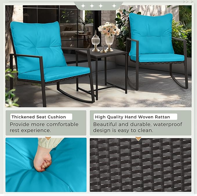 SUNCROWN 3 Piece Outdoor Rocking Bistro Set Black Wicker Furniture Porch Chairs Conversation Sets with Glass Coffee Table, Light Blue