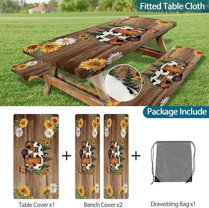 Picnic Table Cover with Bench Covers, Sunflower Wood RV Essentials Waterproof Windproof Camping Tablecloth with Drawstring Bag, for Indoor & Outdoor, Garden, Camping 3PCS, 96in, Brown