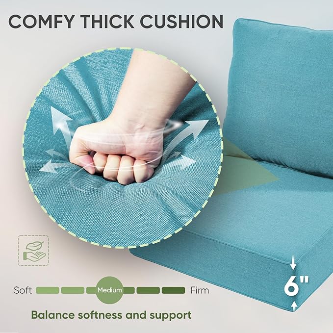 Outdoor Chair Cushions Set of 3, Waterproof 24x24 Patio Chair Cushion, 6" Thickened Seat Cushion for Outdoor Furniture, Couch Cushion Replacement, Include 3 Back & 3 Seat Cushions, Thick/CyanBlue
