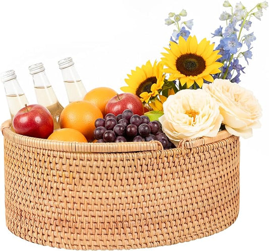 Rattan Picnic Basket with Handles, Oval Wicker Gift Basket for Wedding, Camping(13.8"×10.2"×5.1")