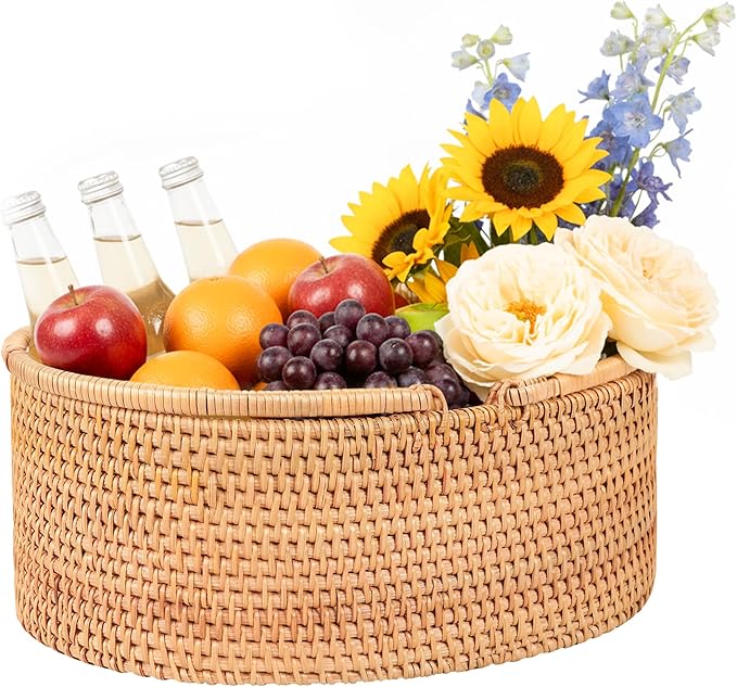 Rattan Picnic Basket with Handles, Large Wicker Basket Gift Basket for Wedding, Camping(15"×13"×8")