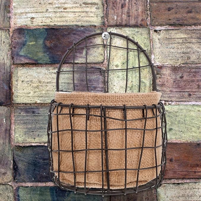BESPORTBLE Vintage Iron Wire Half Round Hanging Basket with Breathable Linen Liner for Indoor and Outdoor Plants Decorative Wall-Mounted Organizer for Garden Balcony and Home Storage
