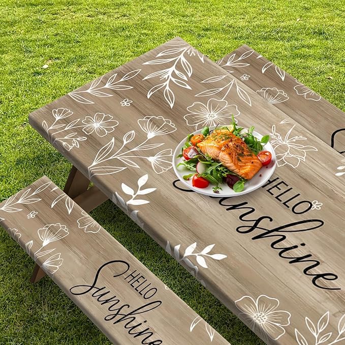 Picnic Table Cover with Bench Covers Elastic Edges, Flower Wood Camper Fitted Table Cover, Outdoor Patio Camping Essentials 72 Inch 3PCS, Waterproof Camping Fitted Tablecloth with Drawstring Bag