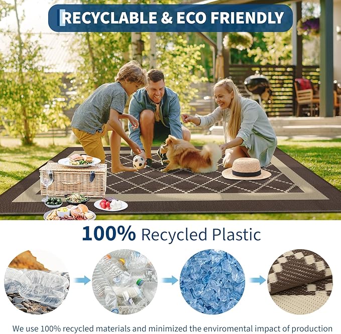 COZYLOOM Waterproof Outdoor Rug for Patio 9x12 Reversible Outdoor Plastic Straw Rug, UV Resistant & Easy to Clean Modern Carpet, RV Mat for Deck, Balcony, Camping, Beach, Picnic, Brown&Coffee