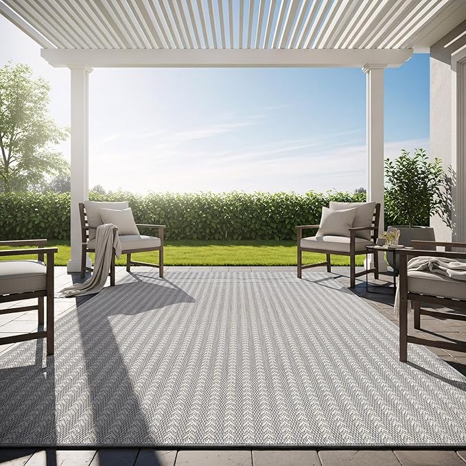 Washable Outdoor Rug 9x12 Modern Area Rugs Outdoor Carpets Striped Pattern Non Shedding Waterproof Easy Clean Patio Deck Porch Living Room Bedroom Garden RV (9 X 12 Gray)