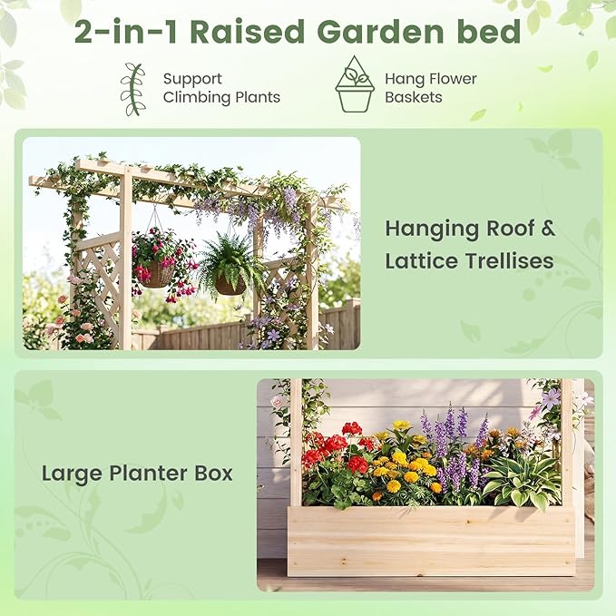 Raised Garden Bed with Trellis, Wood Planter Box w/Trellis, Hanging Roof, Drainage Holes, Freestanding Planter Raised Bed for Outdoor Climbing Plants Flowers, Patio Yard Balcony (2, Natural)
