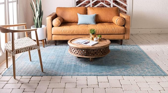 Unique Loom Outdoor Traditional Collection Area Rug - Antique (6' 1" x 9' Rectangle, Light Aqua/ Gray)
