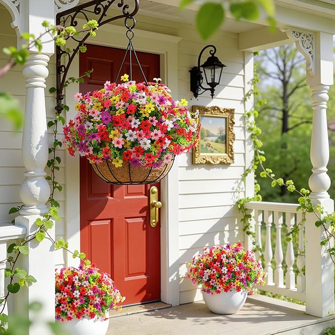 SHareconn 24 Bundles Artificial Flowers for Outdoors Spring Decoration, Fake Silk Realistic Faux Plants UV Resistant for Outside Planter Porch Patio Summer Indoor Decor, RedRosePurpleYellowPinkWhite